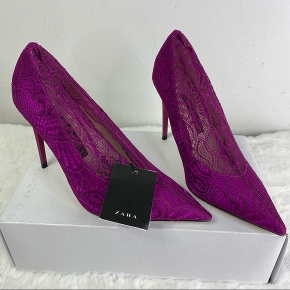 Zara Pink Lace Collar High Heel Vegan Pumps - Picture 8 of 10